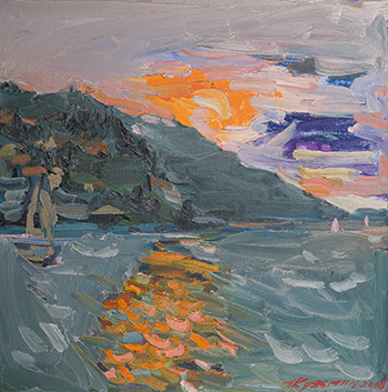 Sunset before rain. Korčula. Oil on canvas, H 50 x W 50 cm (H 19.7 x W 19.7 inches). 2008. Private collection