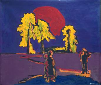 'On the road to Murom stood three pine trees...' The red sun above the yellow pine trees. 105 x 120 cm (41.3 x 47.2 inches). 2002