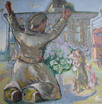 Childhood memory. Returning from the war. Oil on canvas, 120 x 120 cm (47.2 x 47.2 inches). 2005