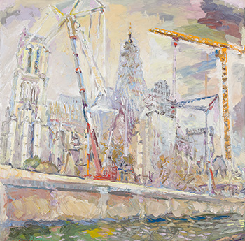 Revival of Notre-Dame Cathedral in Paris. Oil on canvas, H 100 x W 100 cm (H 39.4 x W 39.4 inches). 2024