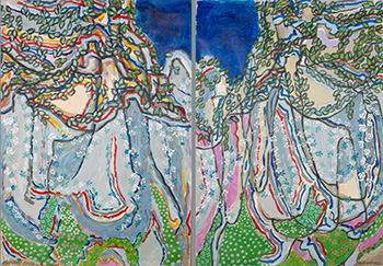 The spring dance of nature (Springtime. Dance of the decorated birches). Parts I & II. Watercolour, gouache, acrylic on paper. H 90.5 x W 66 cm (each) (H 35.6 x W 26.0 inches - each). 2022