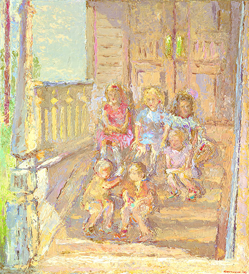 Once upon a time, the children sitting on the golden porch... Oil on canvas, 110 x 100 cm (43.3 x 39.4 inches). 1991. Private collection