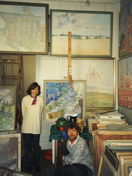 Nikolai Kuzmin in his Muscovite workshop, with his daughter Liubov Kuzmina