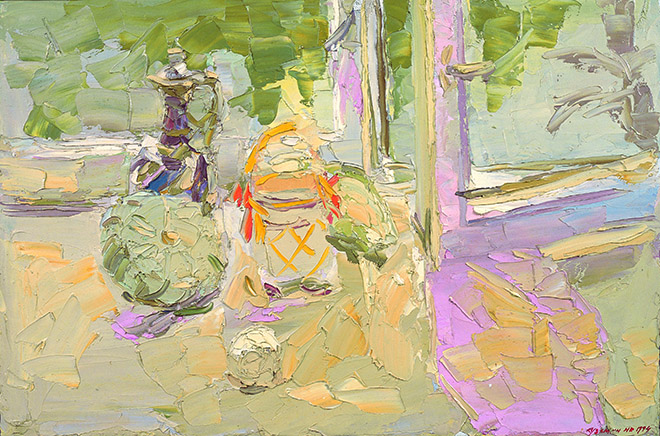 August. Still life with a custard marrow. Oil on canvas, 54 x 80 cm (21.3 x 31.5 inches). 1994.