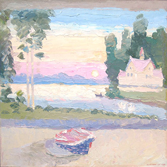 Popular painting motif of a peaked cap on a bench - Triptych. Oil on canvas, 72 х 72 cm (28.3 x 28.3 inches). 2003.