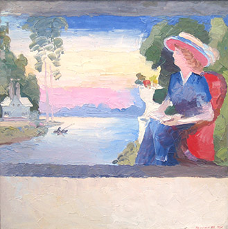 Popular painting motif of a lady sitting on a red armchair - Triptych. Oil on canvas, 72 х 72 cm (28.3 x 28.3 inches). 1992.