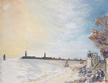 Voile, phares et quai de Grau d'Agde. Huile sur toile, H 50 x L 65 cm. 2024